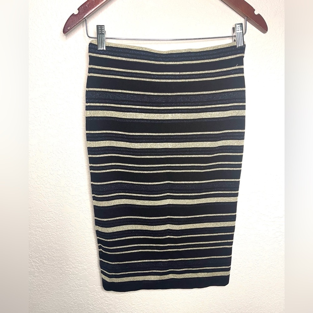 RACHEL Rachel Roy Black & Gold Striped Pencil Skirt
